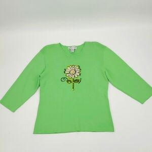 Dressbarn 3/4 sleeve Top with Daisy Flower Embellishment Women's Size L